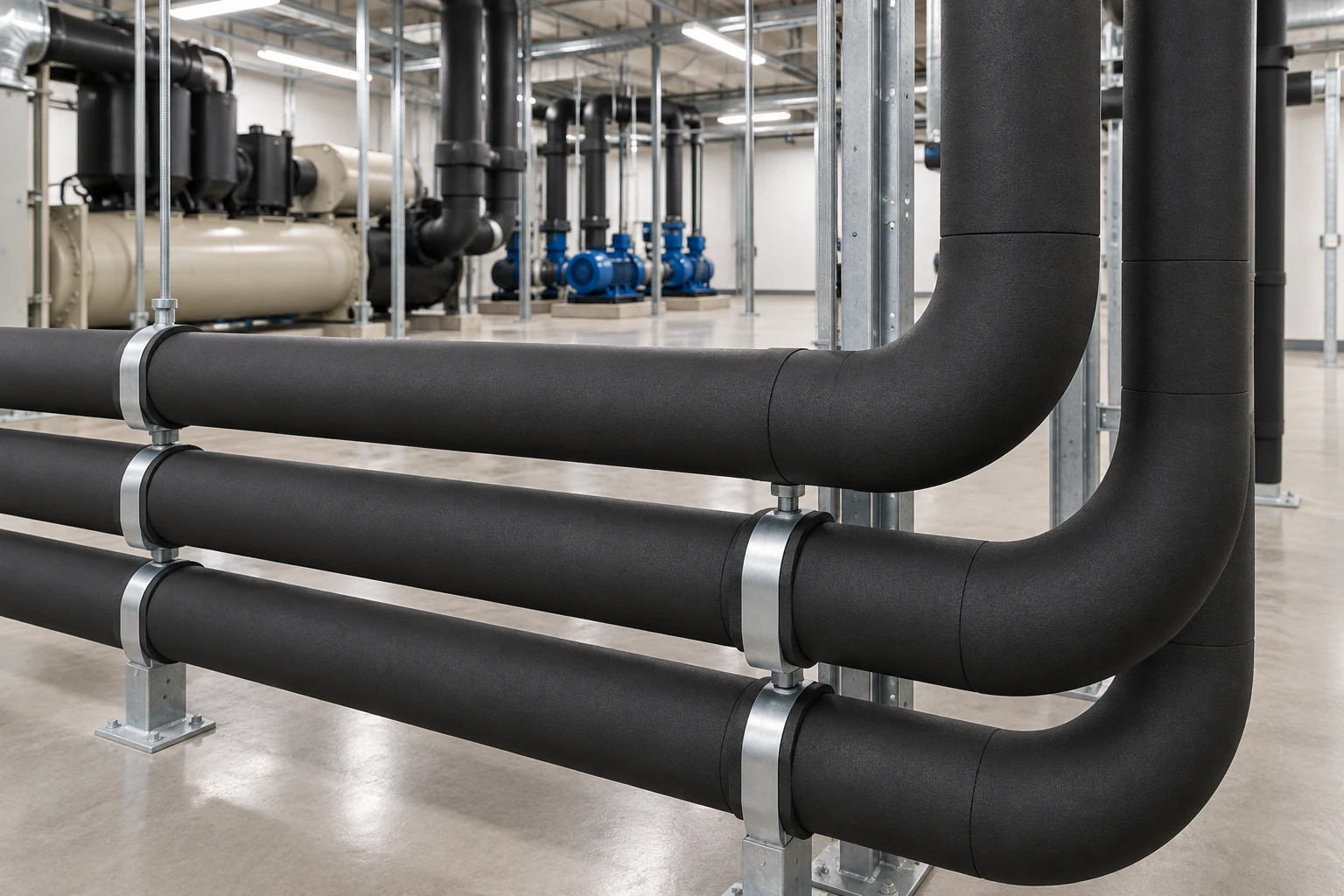HVAC plant room with air conditioning insulation material systems