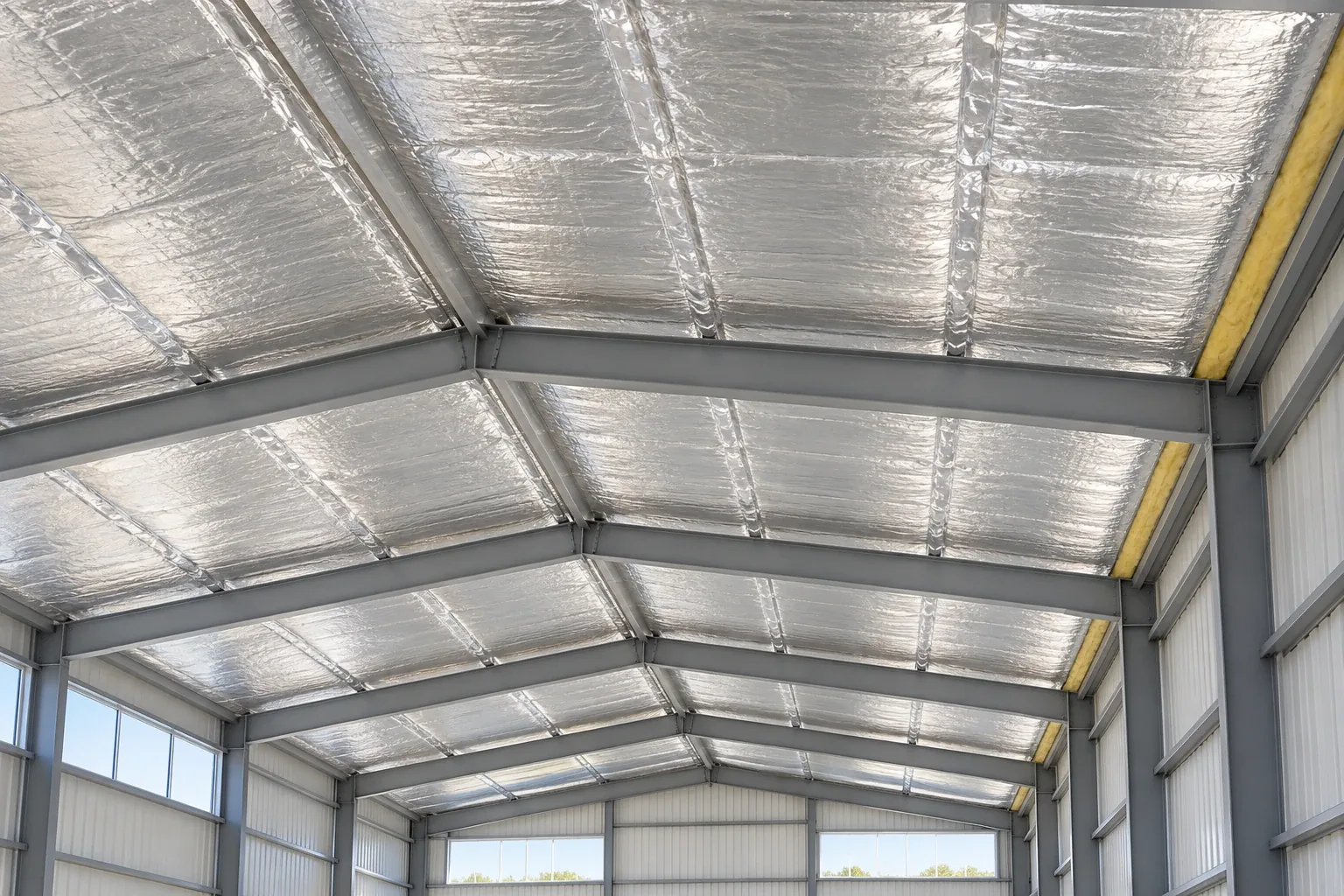 Metal roof insulation installation with glass wool