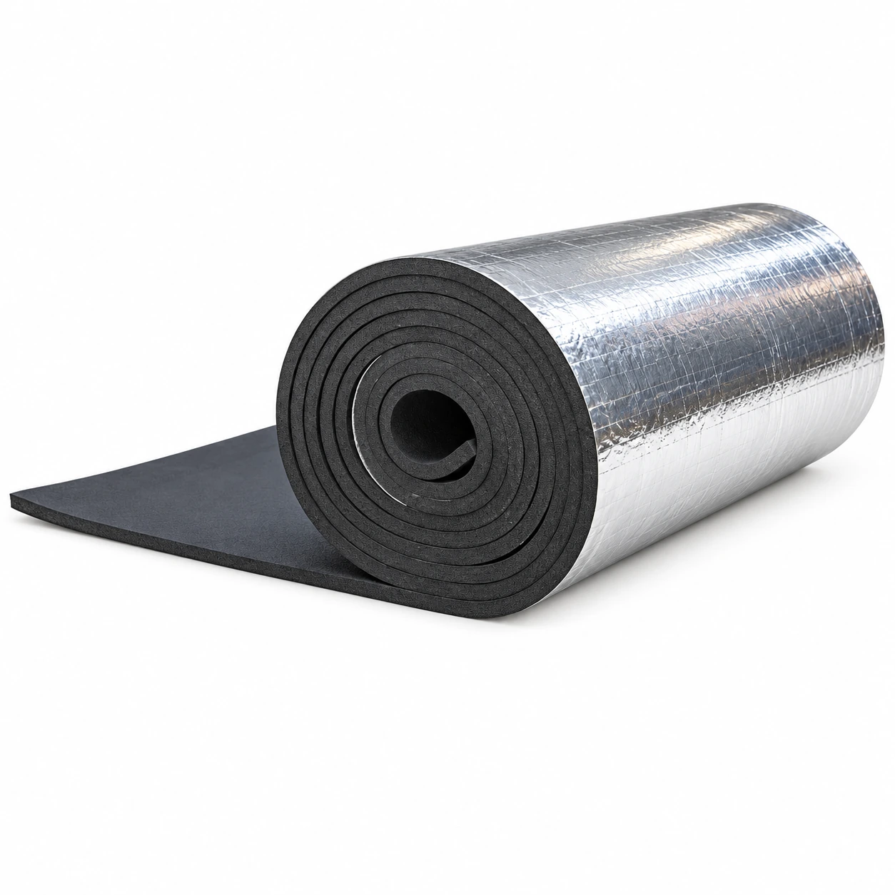 Embossed grid aluminum-faced rubber foam sheet and roll