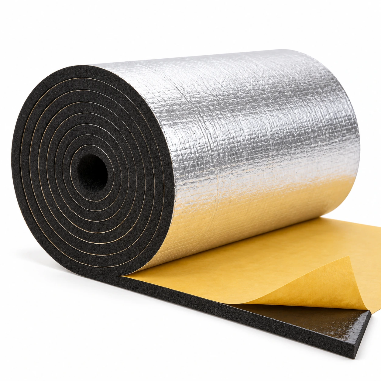 Standard aluminum-faced self-adhesive rubber foam sheet and roll