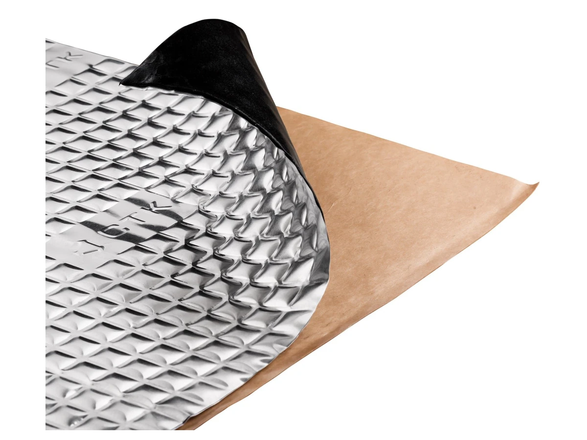 Embossed foil-faced self-adhesive automotive insulation sheet with release liner